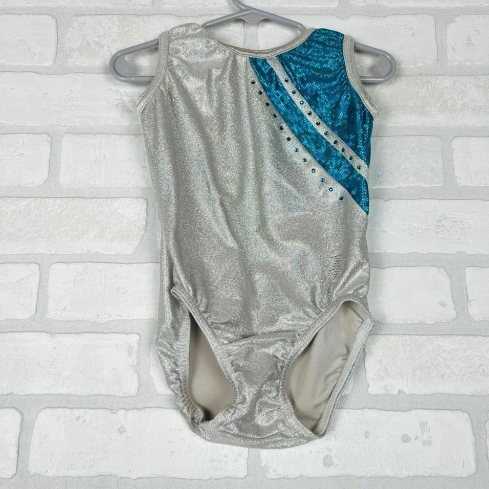 Silver Teal Holographic Rhinestone Sleeveless Gymnastics Leotard Kids